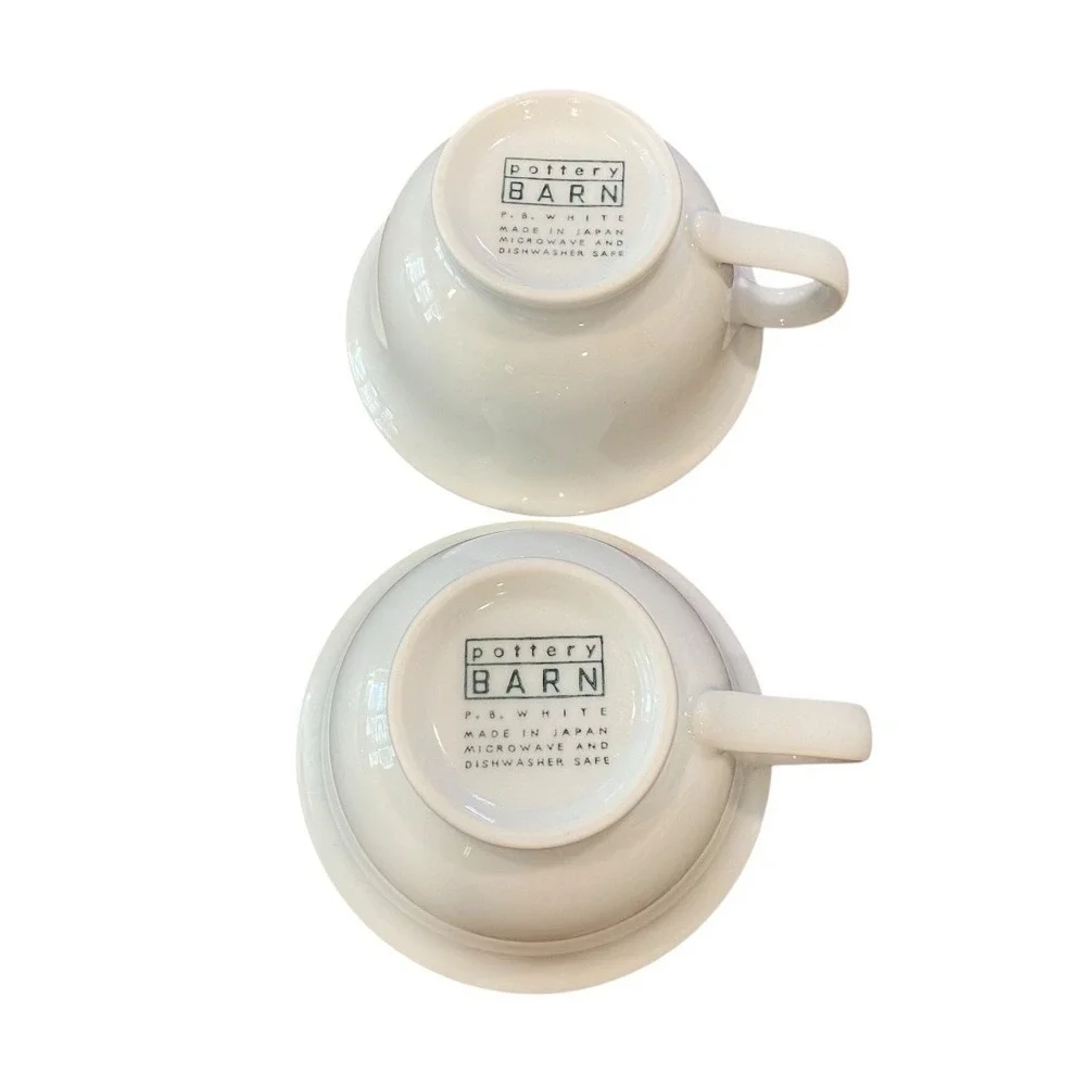 Vintage Pottery Barn PB White Footed Coffee Tea Flat Cups Set of 2‎